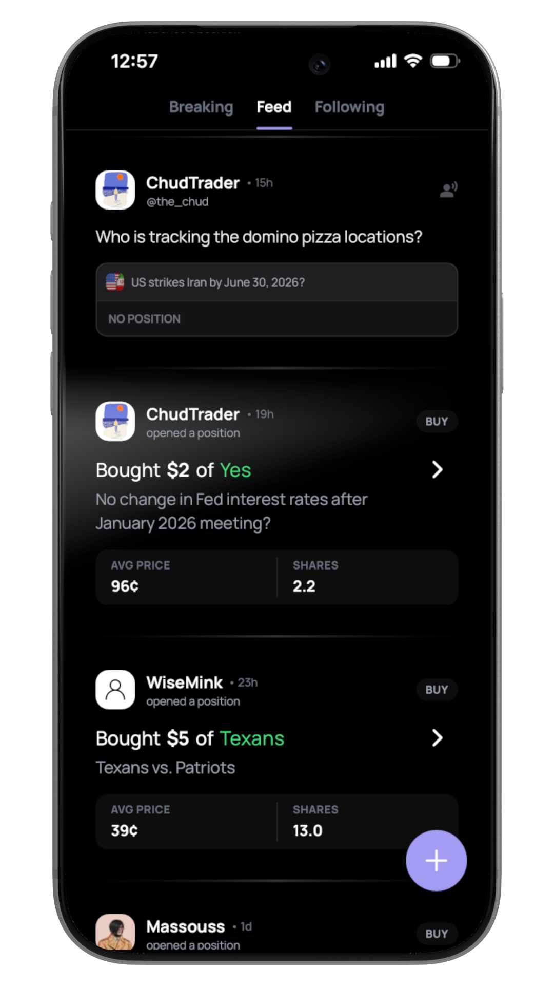 Ratio app - social feed showing real-time copy trading activity